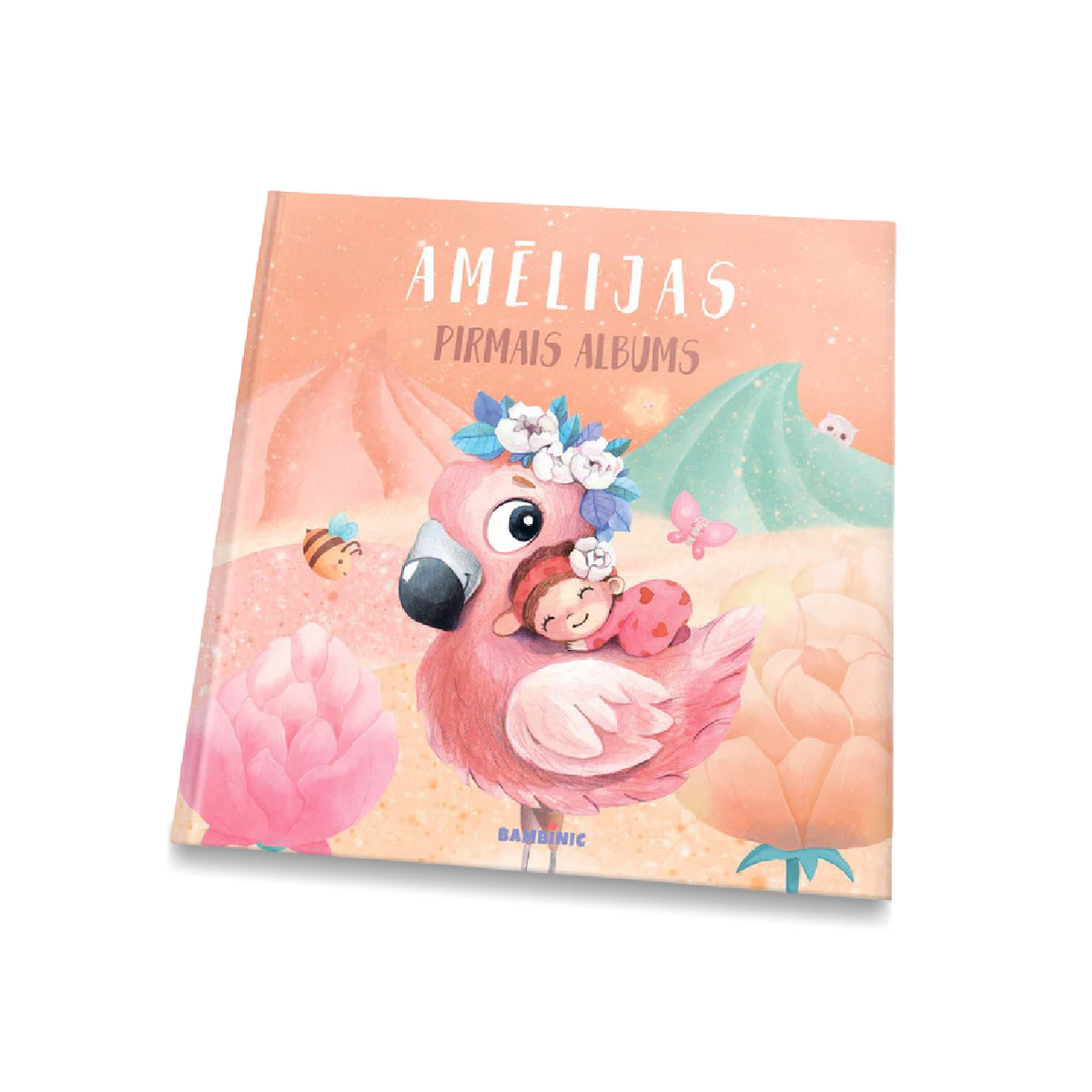 Meitiņas pirmais albums ar flamingo uz rozā vāka